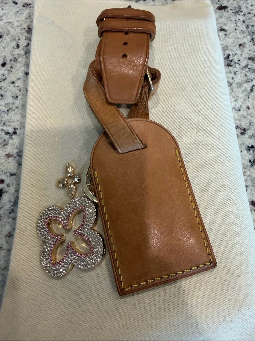 Louis Vuitton Tan Leather Key & Crystal Flower Charm Keychain